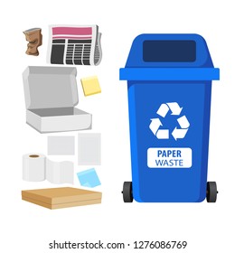 Rubbish bin for recycling different types of waste. Garbage container for paper trash. Vector illustration