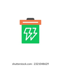 Rubbish bin with thunder energy. Vector solid color icon green and orange with green eco energy theme