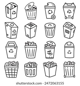 rubbish bin trashcan garbage trash doodle hand drawing outline set