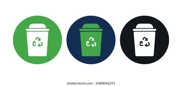 Rubbish Bin Vector Icon Symbol Set for Recycling Waste. Pictograms on Circles. Trash Can Vector Flat Sign Collection on White Background. Eco friendly label illustration. 