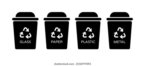 Rubbish Bin Vector Icon Symbol Set for Recycling Waste. Pictograms on Circles. Trash Can Vector Flat Sign Collection on White Background. Eco friendly label illustration.