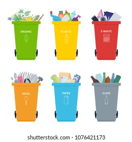 Rubbish bins full of different types of recycling waste. Vector illustration.