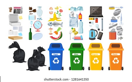 Rubbish bins for recycling different types of waste. Garbage containers for trash sorted by plastic, organic, e-waste, metal, glass, paper. Vector illustrated elements set for infographics