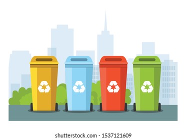 Rubbish bins for recycling different types of waste on city background. Sort plastic, organic, e-waste, glass, paper. Vector Illustration