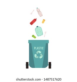 Rubbish blue bin or container with falling plastic waste, garbage. Rubbish sorting type for recycling with bottle and disposable dishes. Isolated vector illustration on white background.