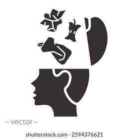 rubbish in brain, icon of garbage in the head, concept open human head, flat vector illustration