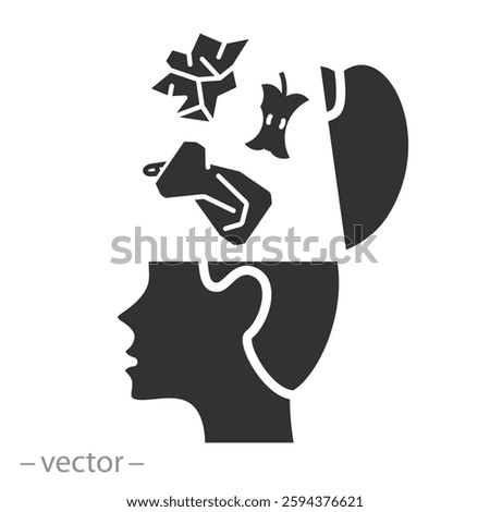 rubbish in brain, icon of garbage in the head, concept open human head, flat vector illustration