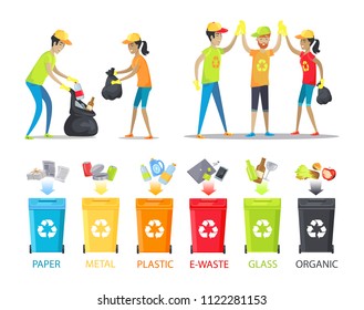 Rubbish collecting and allocation vector banner isolated on white background illustration, working people in special t-shirts with recycling symbol