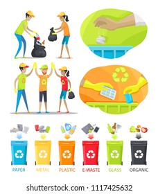 Rubbish collecting and sorting vector illustration, cheerful volunteers holding bags with collected waste, set of trash boxes for different junk types