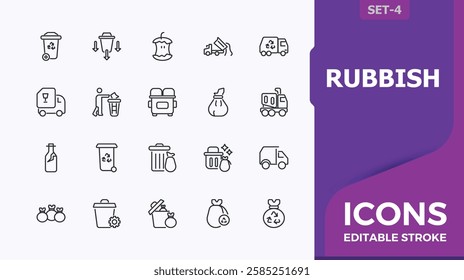 Rubbish collection. Containing can, garbage, junk, dump, litter, medical, dustbin, ecology, conservation and more. Minimal icon. Editable vector icon and illustration.