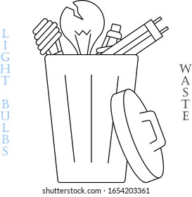 Rubbish container with light bulbs waste and garbage for recycling, vector illustration.