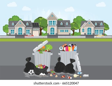 Rubbish and dirty area at the street of the village, Pile of garbage, various trash and waste material, environmental pollution and ecology conceptual vector illustration. 