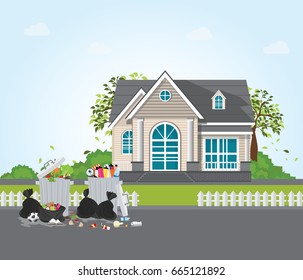 Rubbish and dirty area at the street of the village, Pile of garbage, various trash and waste material, environmental pollution and ecology conceptual vector illustration. 