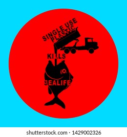 A rubbish dump truck tipping single use plastic trash into an open mouth dead fish for the concept: Single use plastic kills sealife. Hand drawn vector illustration. 