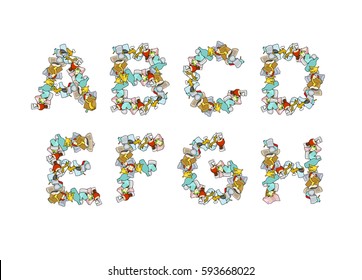 Rubbish font. Trash ABC. garbage alphabet. Letter litter. Part 1