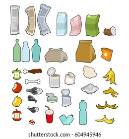Rubbish icon collection. Garbage set. trash sign. litter symbol. peel from banana and stub. Tin and old newspaper. Bone and packaging. Crumpled paper and plastic bottle