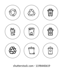 Rubbish icon set. collection of 9 outline rubbish icons with recycle bin, recycle, recycling icons. editable icons.