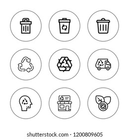 Rubbish icon set. collection of 9 outline rubbish icons with bin, recycle, recycling bin, recycling truck, recycling icons. editable icons.