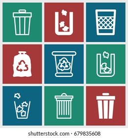 Rubbish icons set. set of 9 rubbish filled and outline icons such as trash bin, trash bag