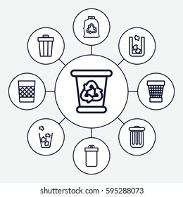 rubbish icons set. Set of 9 rubbish outline icons such as trash bin, recycle bin