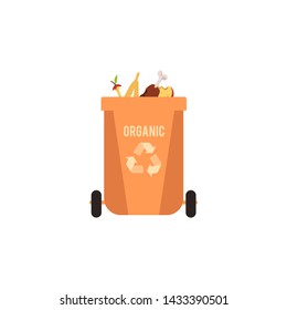 Rubbish orange bin with organic waste. Garbage sorting type for recycling. Container for sorting organic rubbish and food, isolated vector illustration on white background.