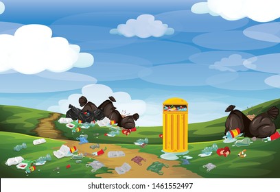 Rubbish in park scene illustration