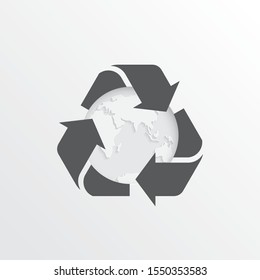 Rubbish recycling sign. Vector recycling arrows with the Earth planet. Reuse Reduce Recycle. Green vector illustration. Conscious consumption.