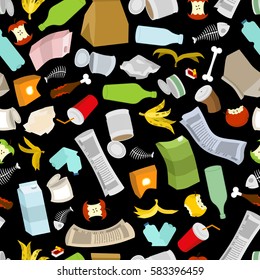 Rubbish seamless pattern. Garbage texture. trash ornament. dirty background. peel from banana and stub. Tin and old newspaper. Bone and packaging. Crumpled paper and plastic bottle