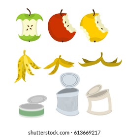 Rubbish set. Garbage collection. Apple core and peel of banana. Tin