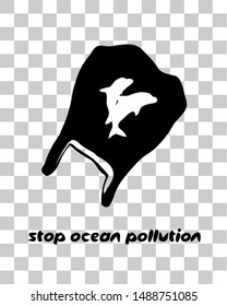 Rubbish Trash bag floating in the world ocean. Dolphin dead in plastic underwater. Discarded plastic carrier bag drifting in blue sea water. Disposable packaging waste poisons fish and seafood