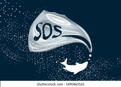 Rubbish Trash bag as speech bubble balloon. Dolphins ask to save ocean from plastic pollution. Request for help from the underwater world - Environment protection concept. Marine life give SOS signal