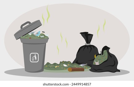 Rubbish and trash bags lying around dump. Black trash bags and garbage container with unsorted trash. Vector illustration.