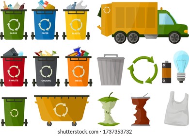 Rubbish truck and cans set. Elements trash bags. Vector illustration 