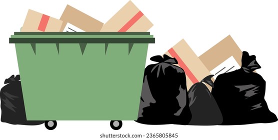 Rubbish truck, recycle, cardboard, trash, black plastic bag. vector, isolated with white background