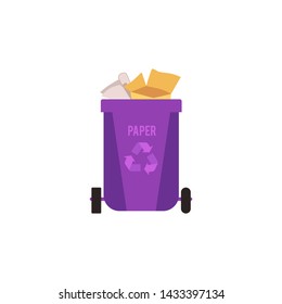 Rubbish violet bin with paper waste. Container for sorting paper and cardboard garbage for recycling. Isolated vector illustration on white background.