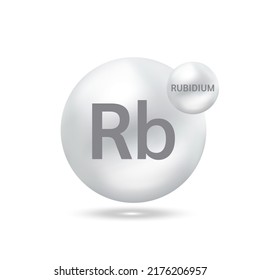 Rubidium molecule models silver and chemical formulas scientific element. Natural gas.  Ecology and biochemistry concept. Isolated spheres on white background. 3D Vector Illustration.