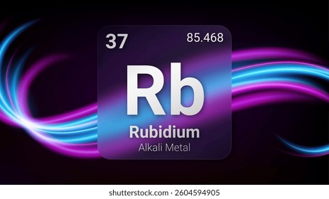 Rubidium (Rb) (037) Alkali Metal, Glass Morphism Element Futuristic Neon Light Glow Background Periodic Table, Chemical Symbol, Name, Atomic Mass, Atomic Number, Vector Illustration