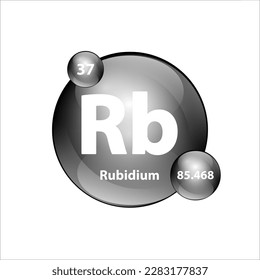 Rubidium (Rb) elemento químico Estructura de iconos forma redonda de círculo gris, plata, negro fácilmente. Tabla periódica Firma con número atómico. Estudio en ciencia para la educación. Vector de ilustración 3D.