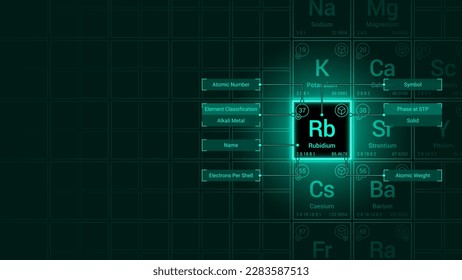Rubidium (Rb) Element Neon Light Glow Square Grid Background Design - Periodic Table, Chemical Symbol, Name, Atomic Weight, Atomic Number, Electron Shells, Classification, Phase at STP