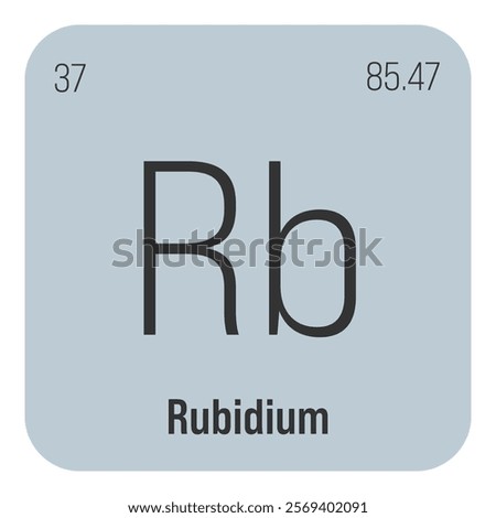 Rubidium, Rb, periodic table element with name, symbol, atomic number and weight. Alkali metal with various industrial uses, such as in certain types of glass, and as a component of certain types of