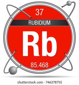 Rubidium symbol  inside a metal ring with colored background and spheres orbiting around. Element number 37 of the Periodic Table of the Elements - Chemistry