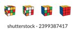 Rubik cube game. Square object, solved smart toy, multicolor education difficult game box different side view. Realistic object various colors combination. Intellectual vector isolated concept