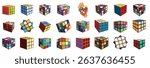 Rubik cube icons set. Set of colorful cube puzzles in various configurations, illustrating the process of solving and different levels of completion