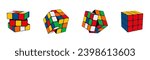 Rubik cube. Puzzle toy. Play mind game. Random combinations. Entertainment of difficult solved problems. Intelligence concept. Square shape. Intellectual riddle. Vector logic symbols set