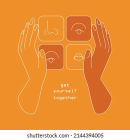 Rubik's cube made from human face parts. Psychological poster about mental health and helping to build your own identity. simple linear mental health poster