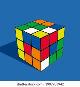 Rubik's Cube on blue background. Combination puzzle icon