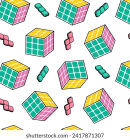 Rubik's Cube puzzle is a seamless pattern. Toys for development on a white background. Multi-colored background for printing on packaging, fabric, etc.