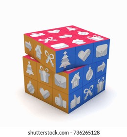 Cubo de Rubik. información estadística. Regalos para el Año Nuevo. Entrega de regalos. Solucionando un problema.Administración de tiempo. Rompecabezas sobre fondo blanco, aislado. Símbolos de Navidad y Año Nuevo.