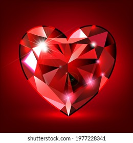 Rubin in the shape of a heart. Red gemstone, decor for Valentine's Day, International Women's Day. Red background. 3d realistic vector illustration.