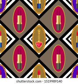 Rubins and Lipsticks Background. Seamless pattern with jewelry items, golden chains and cosmetics. Template for gift wrappings, cards, scarfs and dresses.